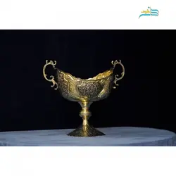 کشکول کعب دار قلم زنی اعلا طرح گل ومرغ جنس برنج و سیاه قلم پوشش کوره ای