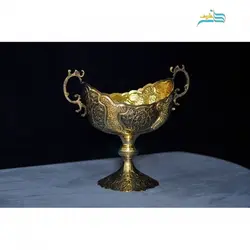 کشکول کعب دار قلم زنی اعلا طرح گل ومرغ جنس برنج و سیاه قلم پوشش کوره ای