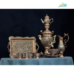 سرویس سماور و چای خوری قلم زنی اعلاء طرح اسلیمی با روکش نقره و مس رنگ ثابت