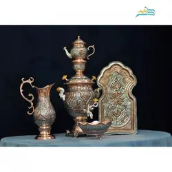 سرویس سماور و چای خوری قلم زنی اعلاء طرح اسلیمی با روکش نقره و مس رنگ ثابت