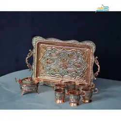 سرویس سماور و چای خوری قلم زنی اعلاء طرح اسلیمی با روکش نقره و مس رنگ ثابت