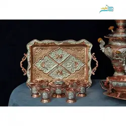 سرویس سماور و چای خوری 3 لیتری قلمزنی با روکش مس و نقره کوره ای