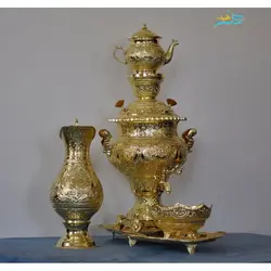 سرویس سماور قلم زنی 5 لیتری اعلا با جنس برنج و روکش شبه طلا، رنگ ثابت