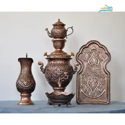سرویس سماور برنجی قلم زنی اعلاء با روکش کوره ای مسی سیاه قلم و رنگ ثابت