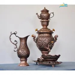 سرویس سماور برنجی قلم زنی اعلاء با روکش کوره ای مسی سیاه قلم و رنگ ثابت