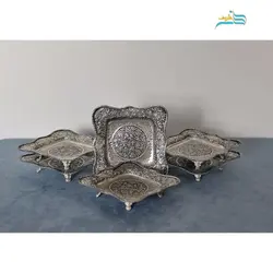 سرویس پذیرایی قلمزنی برنجی با آبکاری نقره و سیاه قلم و دارای روکش کوره ای