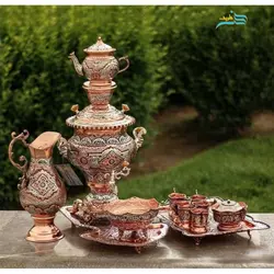 سماور 4 لیتری برنجی قلمزنی ریزه اعلاء با آبکاری مس و نقره، سیاه قلم با 10 سال ضمانت آبکاری