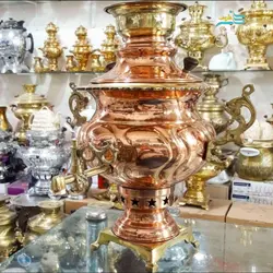 سماور ذغالی ۴ لیتر ورق مس و برنج، مس خالص باهنر کرمان لبه ریخته گری برنجی