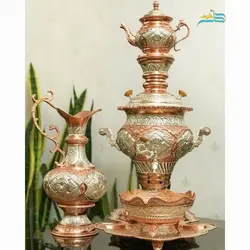 سماور برنجی 6 لیتری  آبکاری دو رنگ مسی و نقره سنگین وزن بدون تغییر رنگ، پوشش کوره ای