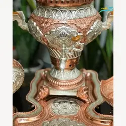 سماور برنجی 6 لیتری  آبکاری دو رنگ مسی و نقره سنگین وزن بدون تغییر رنگ، پوشش کوره ای