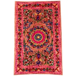 رومیزی مستطیل  سوزن دوزی و آینه کاری B-2 با پارچه کتان قابل شستشو دارای حاشیه و صدف