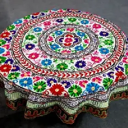 رومیزی گرد سوزن دوزی و آینه کاری B-5 با پارچه کتان و دوخته شده با نخ سوزن دوزی با کیفیت