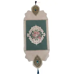 رومیزی مستطیل سنگ دوزی پارچه مخمل  B-9، طرح خاص چشم نظر با سنگ های بسیار زیبای طلایی