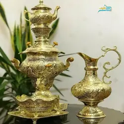 سرویس سماور زغالی برنجی 3.5 لیتری سیاه قلم آبکاری شبه طلا کاملاً دست ساز