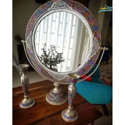سرویس آینه گهواره ای و شمعدان برنجی روکش نقره نقاشی شده با دست