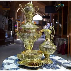 سرویس سماور برنجی زغالی قلمزنی گل و مرغ لعابکاری طلایی رنگ ثابت