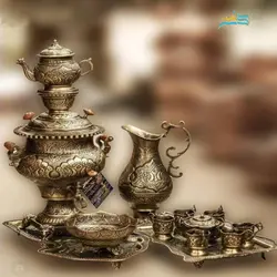سرویس سماور 4 لیتری برنجی و چایخوری ریز قلم آنتیک شده با ضمانت و پوشش نانو