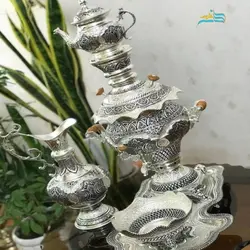 سرویس سماور ٥ لیتری قلمزنی آبکاری نقره وزن 7 کیلوگرم رنگ ثابت و پوشش کوره ای برنجی