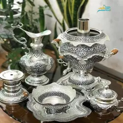 سرویس سماور ٥ لیتری قلمزنی آبکاری نقره وزن 7 کیلوگرم رنگ ثابت و پوشش کوره ای برنجی