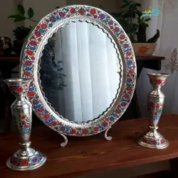 آینه شمعدان قلمزنی برنجی روکش نقره نقاشی دست خاص