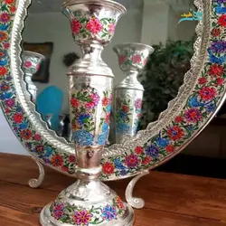 آینه شمعدان قلمزنی برنجی روکش نقره نقاشی دست خاص