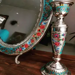 آینه شمعدان قلمزنی برنجی روکش نقره نقاشی دست خاص