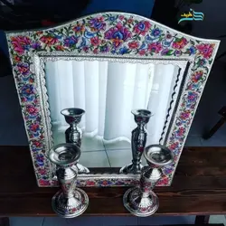 آینه و شمعدان قلمزنی دست برنجی روکش نقره نقاشی دست خاص و بی نظیر