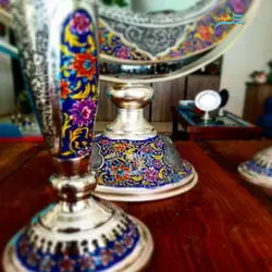 آینه شمعدان برنجی روکش نقره ریز قلم ظریف و زیبا سفارشی ساز