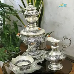 سرویس سماور زغالی برنجی ٥ لیتری آبکاری نقره با پوشش کوره ای