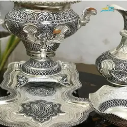 سرویس سماور زغالی برنجی ٥ لیتری آبکاری نقره با پوشش کوره ای