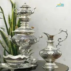 سرویس سماور زغالی برنجی ٥ لیتری آبکاری نقره با پوشش کوره ای