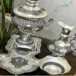 سرویس سماور زغالی برنجی ٥ لیتری آبکاری نقره با پوشش کوره ای