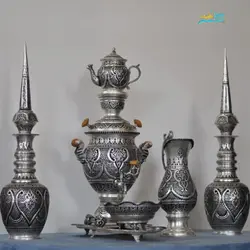 سرویس سماور برنجی قلمزنی روکش نقره و تنگ شاخدار با روکش کوره ای