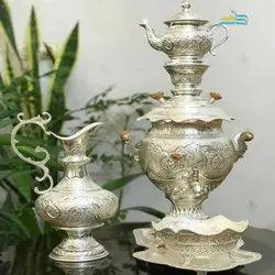 سرویس سماور برنجی ٤ لیتری آبکاری نقره قلمزنی کریستالی جدید