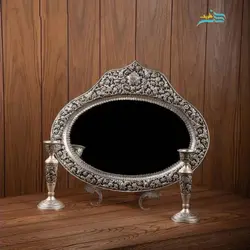 سرویس آینه شمعدان نقش گل برجسته برنجی قلمزنی روکش نقره