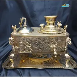 منقل سماوری پایه سلطنتی، قلمزنی دست اعلا و گل و مرغ با پلاک شیر و خورشید