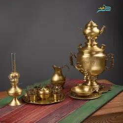 سرویس سماور زغالی 6 لیتری برنجی ورق ضخیم با چایخوری و چراغ سنتی