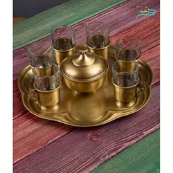 سرویس سماور زغالی 6 لیتری برنجی ورق ضخیم با چایخوری و چراغ سنتی