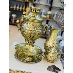 سرویس 5 تکه سماور برنجی گازی 6 لیتری ورق یک دهم و نقش زیبا