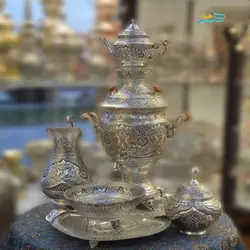 سرویس سماور مسی زغالی آبکاری نقره سیاه قلم با گارانتی 7 ساله