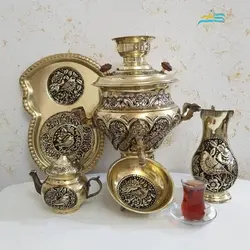 سرویس سماور برنجی زغالی ٦ لیتری طرح گل و مرغ، لبه ریخته دسته شاخ