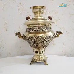 سرویس سماور برنجی زغالی ٦ لیتری طرح گل و مرغ، لبه ریخته دسته شاخ