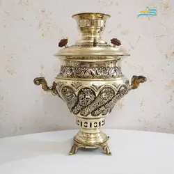 سرویس سماور برنجی زغالی ٦ لیتری طرح گل و مرغ، لبه ریخته دسته شاخ