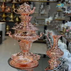 سماور زغالی برنجی با روکش مس سیاه قلم ورق ضخیم قلمزنی طرح هخامنشی
