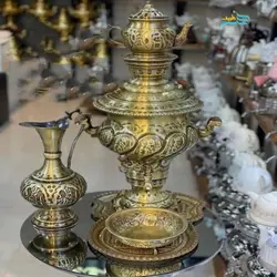 سماور زغالی برنجی با روکش مس سیاه قلم ورق ضخیم قلمزنی طرح هخامنشی