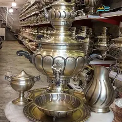 سرویس سماور ٦ لیتری برنجی زغالی دسته شاخ ورق ضخیم