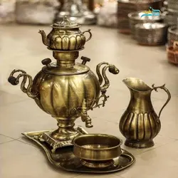 سرویس سماور ٦ لیتری برنجی زغالی طرح توپی قل دار