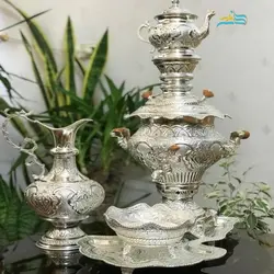 سرویس سماور برقی و زغالی برنجی پنج لیتری آبکاری نقره