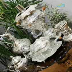سرویس سماور برقی و زغالی برنجی پنج لیتری آبکاری نقره