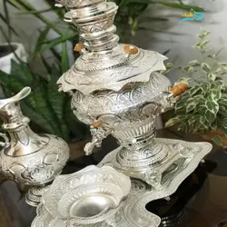 سرویس سماور برقی و زغالی برنجی پنج لیتری آبکاری نقره